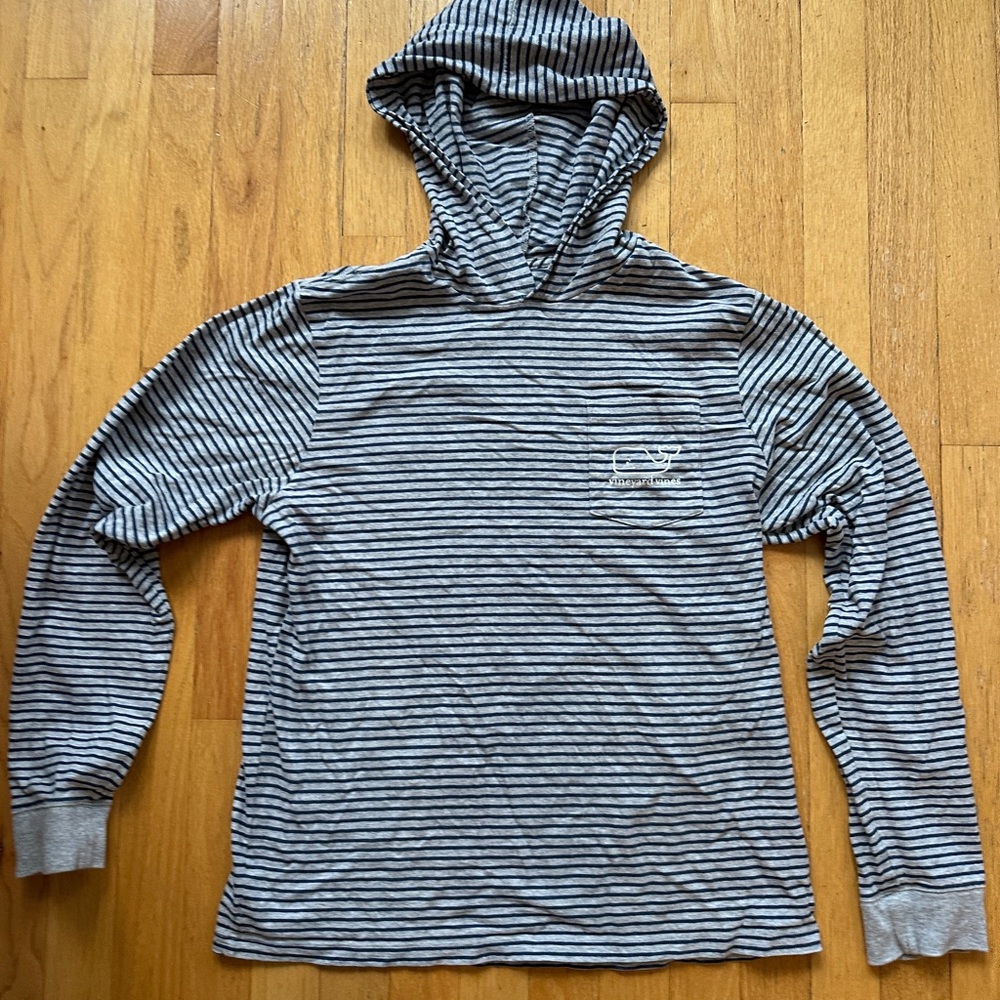 Vineyard Vines Blue and Gray Striped Hooded Tee Shirt Youth XL